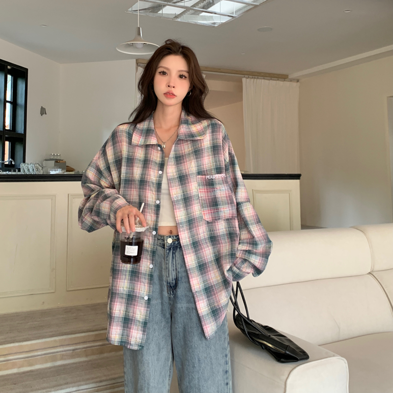 National trend casual couple loose plaid texture long-sleeved shirt for women 2025 autumn new versatile shirt jacket