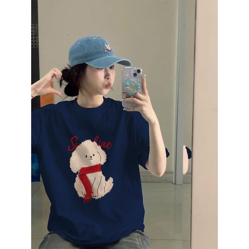 High-quality pure cotton 200g combed tight cotton live broadcast same product front printed loose short-sleeved T-shirt for women