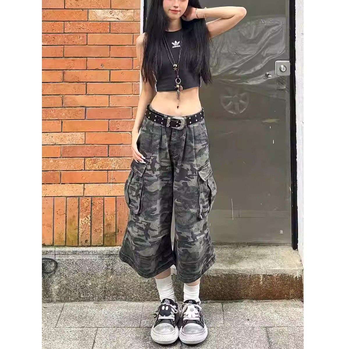 美式復古大口袋迷彩工裝短褲女2025新款高街設計感寬鬆闊腿七分褲