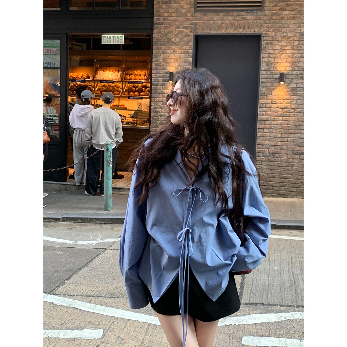 French retro bow tied blue shirt women's niche top