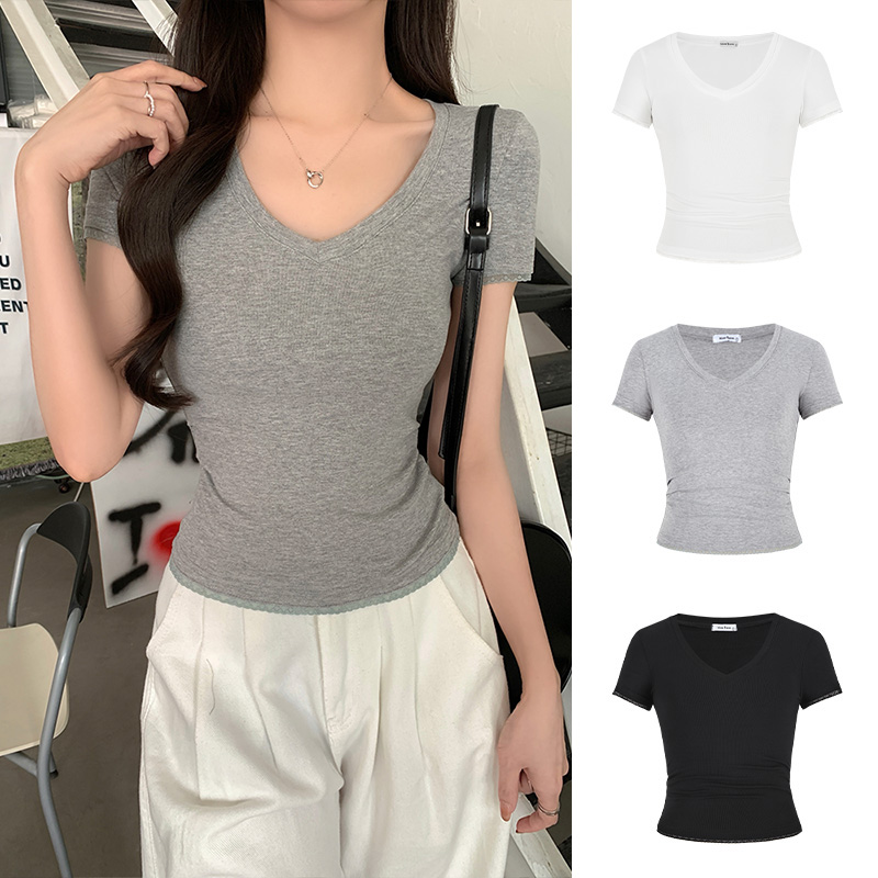 Real shot - Slim V-neck lace spliced ​​short-sleeved T-shirt for women's simple and versatile tight base shirt top