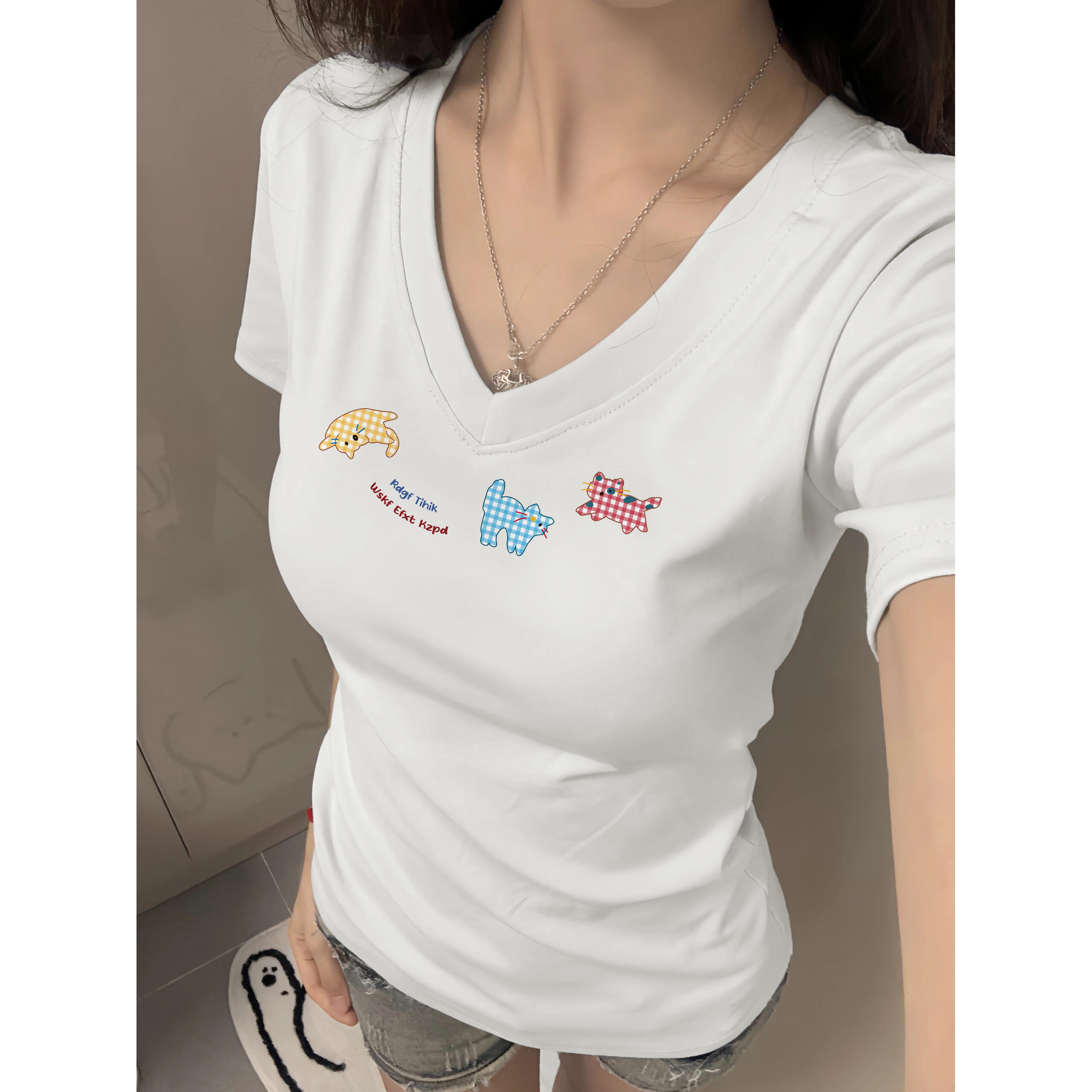 High-quality pure cotton 210g 40 Odale 92 cotton 8 spandex slim V-neck short-sleeved T-shirt for women