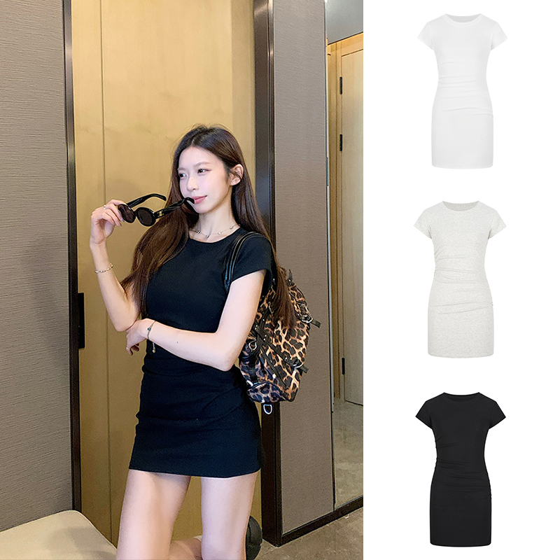 Real shot-Little Flying Sleeve Wrinkled Hip Skirt Dress Women's Summer Solid Color Slim Short Skirt