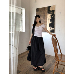 Real shot - Elastic waist simple work dress puffy skirt high waist slim long skirt