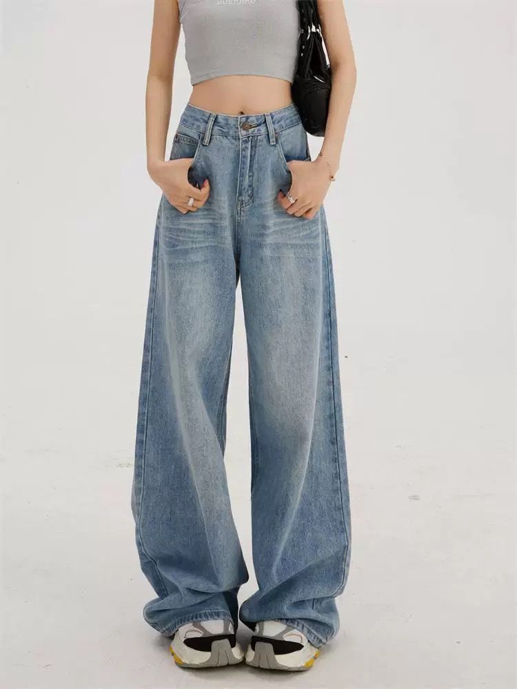 Retro loose wide-leg jeans for women 2025 new American high-waist slim and versatile draped floor straight-leg pants