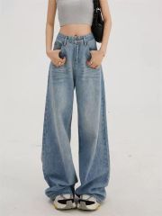 Retro loose wide-leg jeans for women 2025 new American high-waist slim and versatile draped floor straight-leg pants