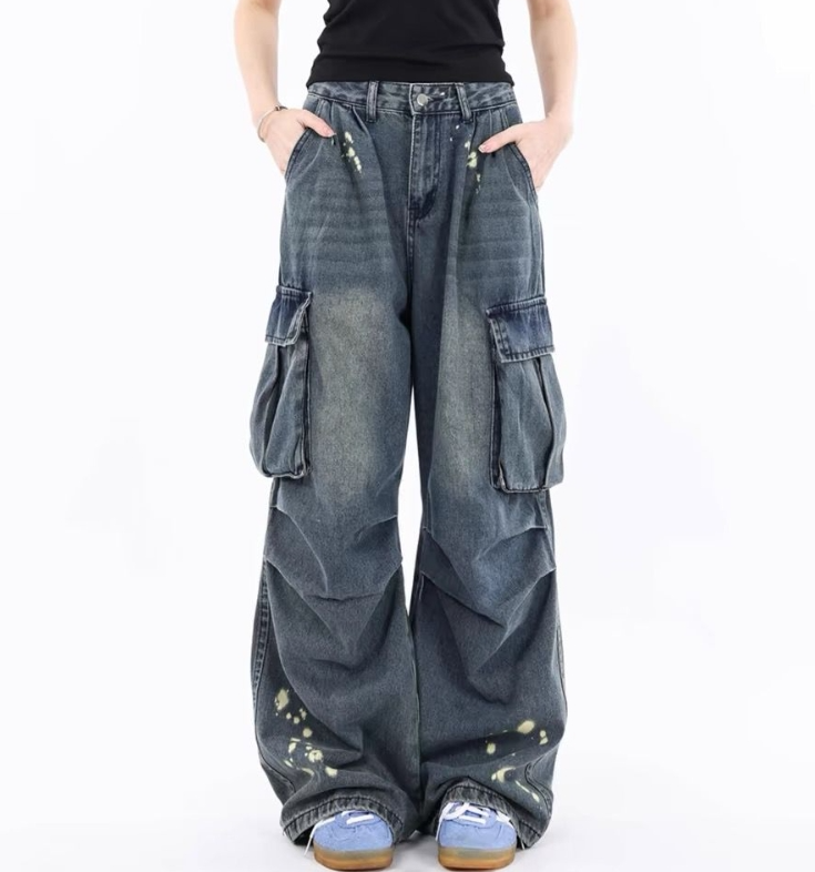 American high street design ink spray paint work jeans for women in spring and autumn new retro washing wide-leg floor trousers