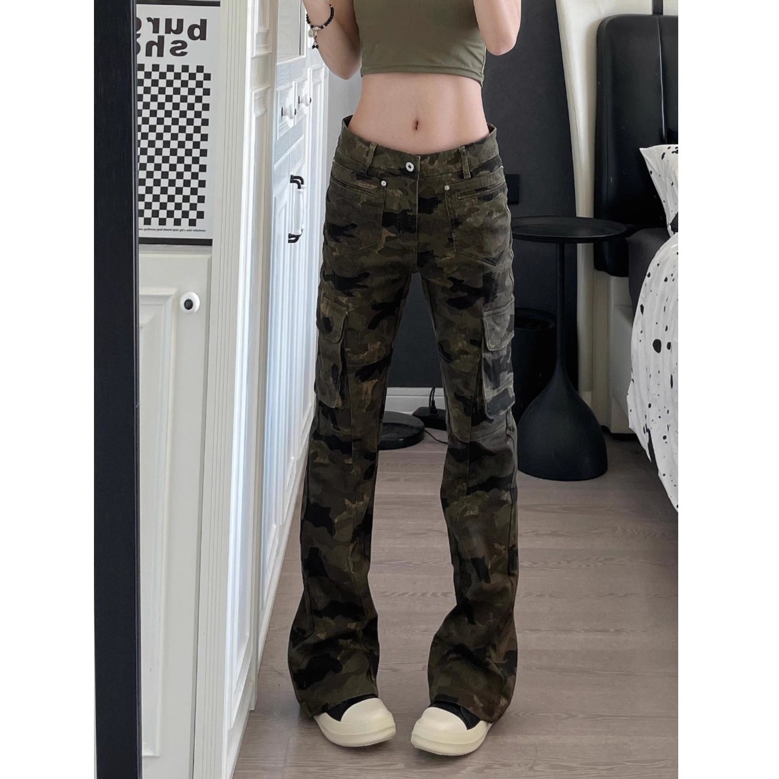 American high street micro-gloss workwear jeans for women's spring and summer new hip-hop camouflage pants draped straight-leg casual pants