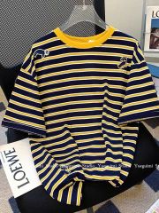 2025 summer extra-large size 300 catties contrasting striped short-sleeved T-shirt for women 2025 new summer top