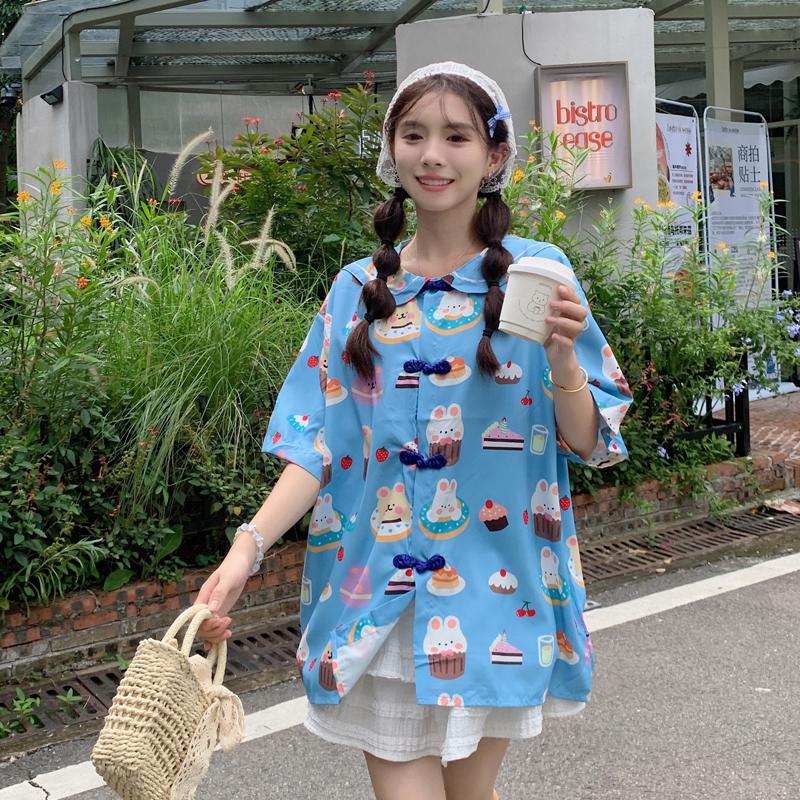 Summer doll collar blue button-up shirt short-sleeved women's 2025 niche design sense college style loose cartoon top