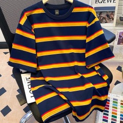 Real shot of 230g striped short-sleeved T-shirt for women's summer 2025 new trendy design striped round neck top Korean women's clothing