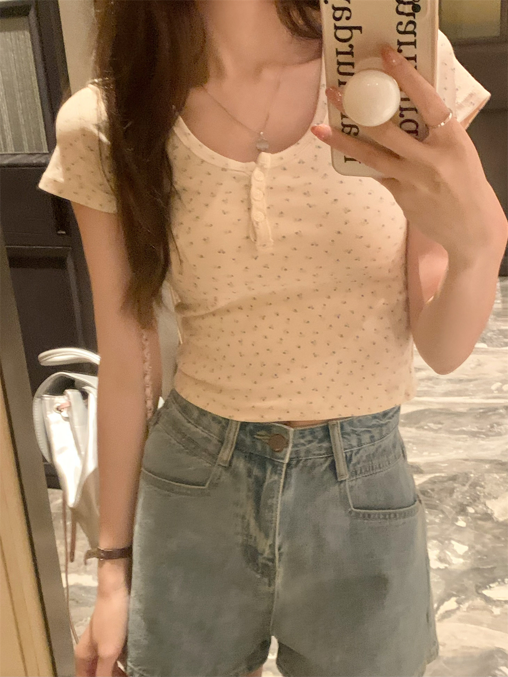 Real photo of 40 pure cotton short-sleeved T-shirt for women's floral buttons