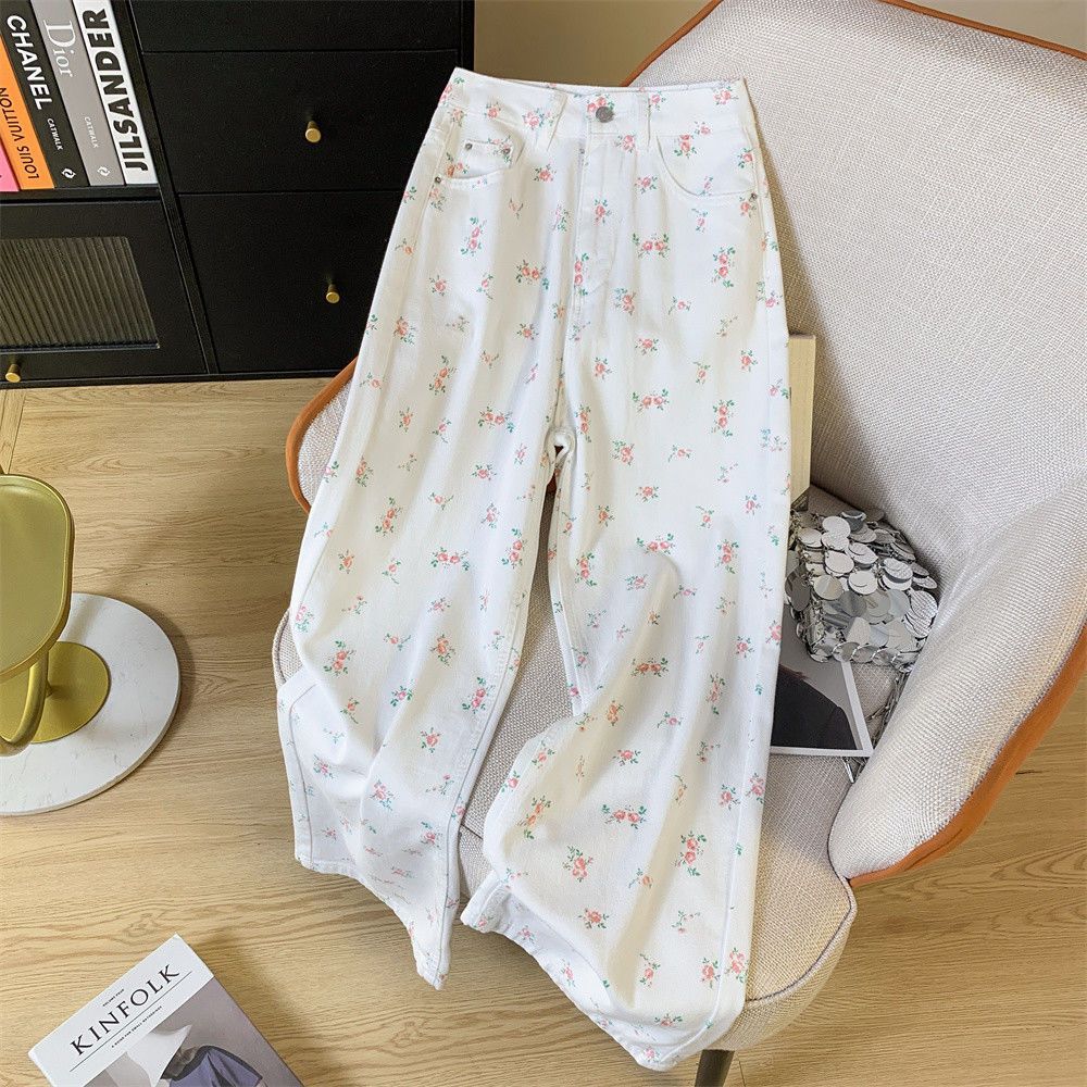 Sweet and personalized straight-leg design white jeans new style 2025 high-waist summer loose floral wide-leg pants