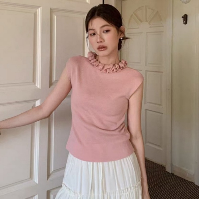 Korea Dongdaemun 2025 spring suit new lotus leaf neck slim slim sweater for women with sleeveless vests inside and outside