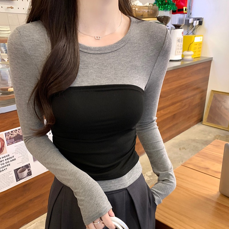 Real shot 260g thread long-sleeved T-shirt women's 2025 early spring new thin color-blocking slim base shirt round neck top