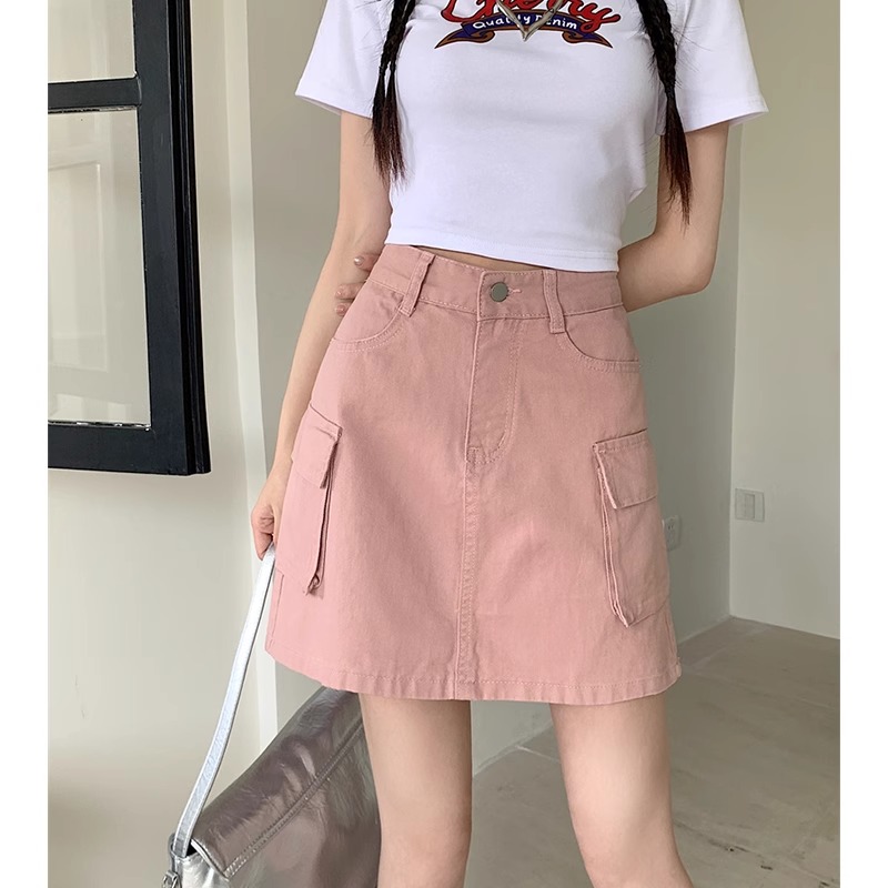 Large size workwear denim skirt for women in summer, high waist slim pear-shaped body covering the belly and preventing exposure A-line short skirt