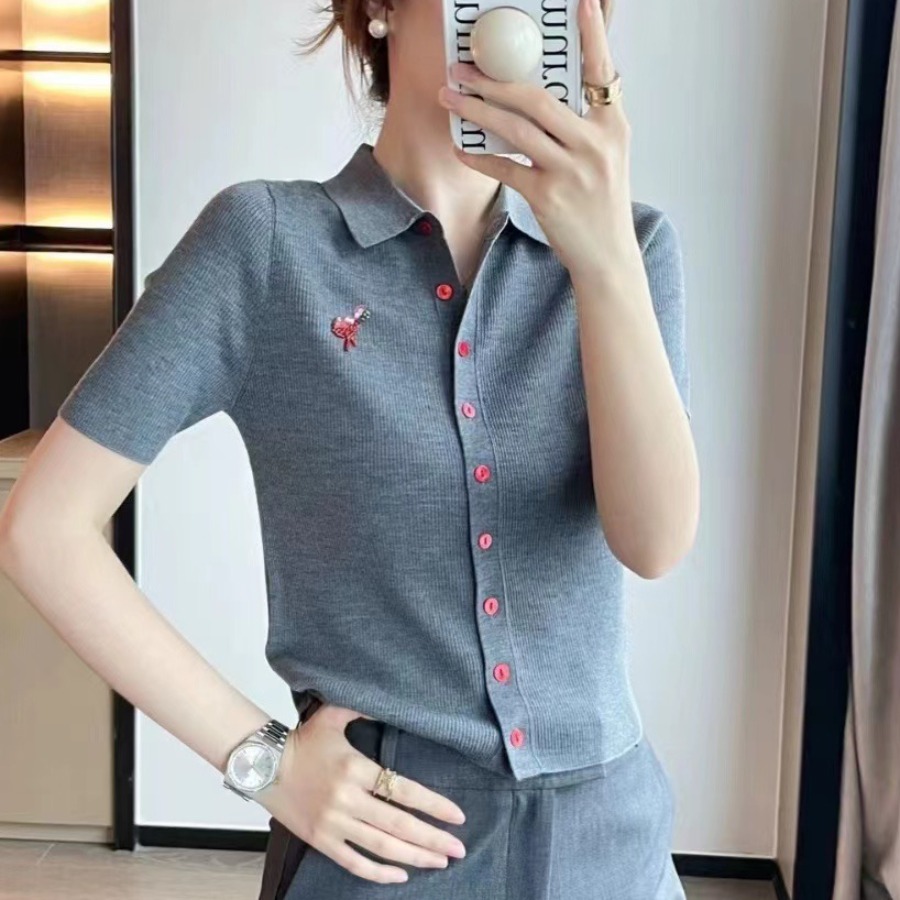 European goods spring and summer new V-neck knitted cardigan for women short-sleeved flame bird embroidered T-shirt thin wool light luxury look slim