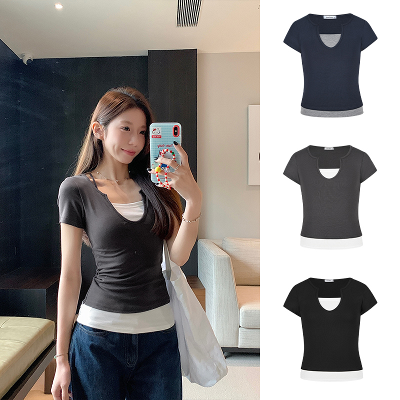 Real shot - New summer American retro fake two-piece short-sleeved T-shirt spliced ​​contrasting hot girl top