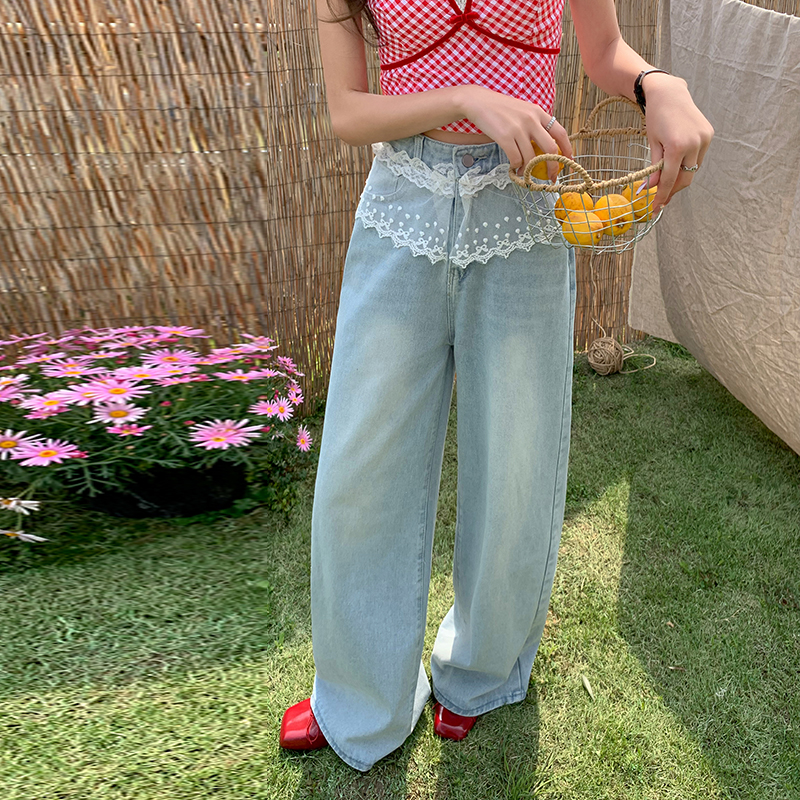 French high-waist lace splicing design jeans for women in spring and summer washing straight wide-leg lazy trousers
