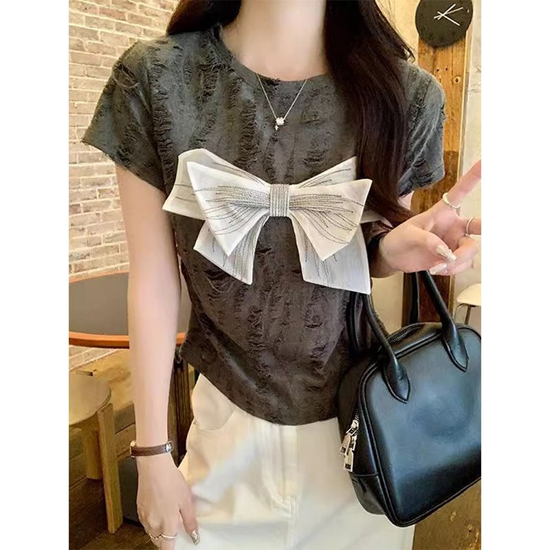 Original fabric bow waist short style front shoulder short sleeve T-shirt for women in summer sweet hot girls fashion brand