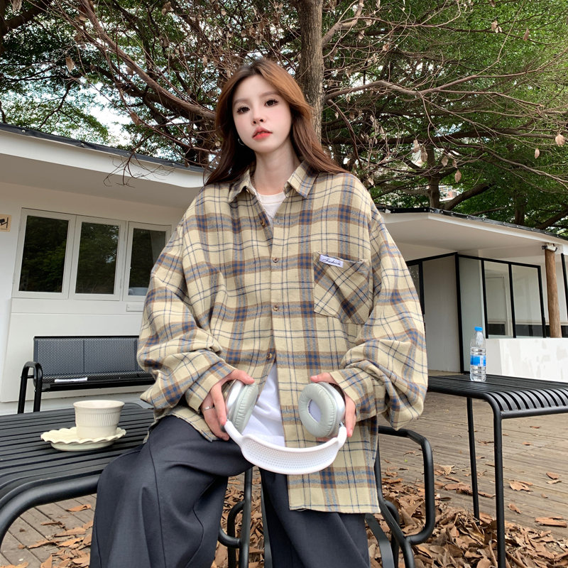 American retro high street autumn and winter color checked long-sleeved shirt for women 2025 new versatile casual loose shirt jacket