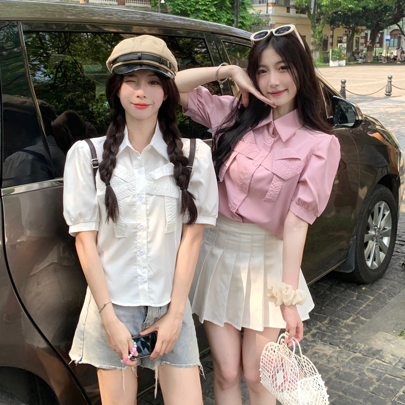 Sweet bow short top for women 2025 summer new French chic gentle Polo neck puff sleeve top