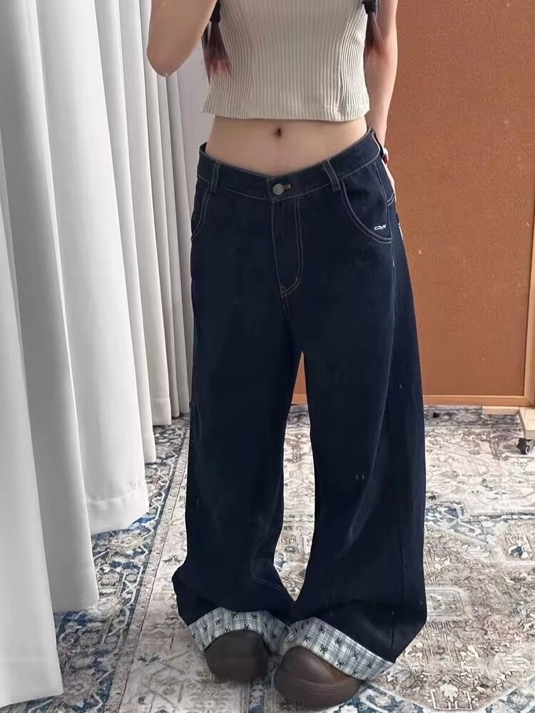 Design-sensory bow printed straight-bar high-waist jeans Spring street versatile fashion curly plaid wide-leg pants