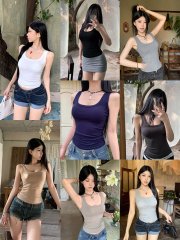 Real shot - wide shoulder strap suspender vest for women wearing new slim sleeveless T-shirt I-shaped base top