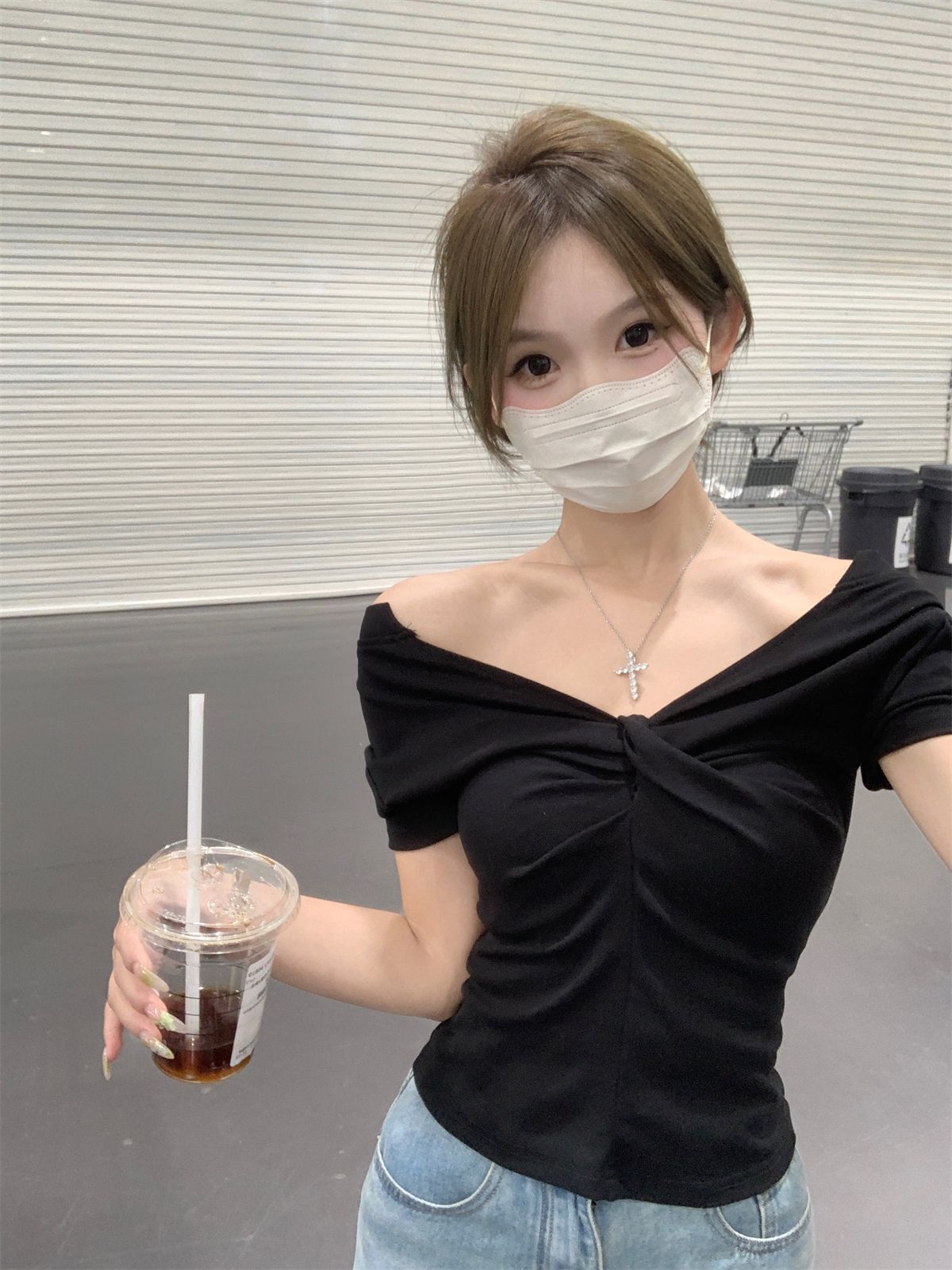 1*1 Modal summer Korean version pure half-open collar butterfly kink slim design pure cotton short-sleeved top T-shirt