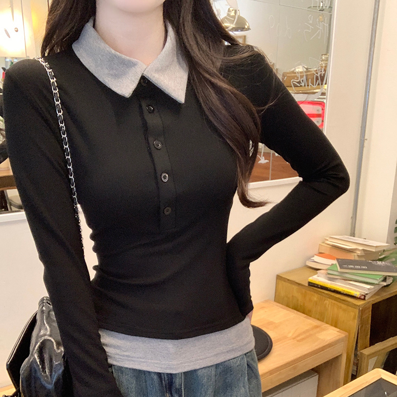 Real photo of cotton 260g long-sleeved T-shirt women's clothing 2025 early spring new slim short trendy base shirt lapel top