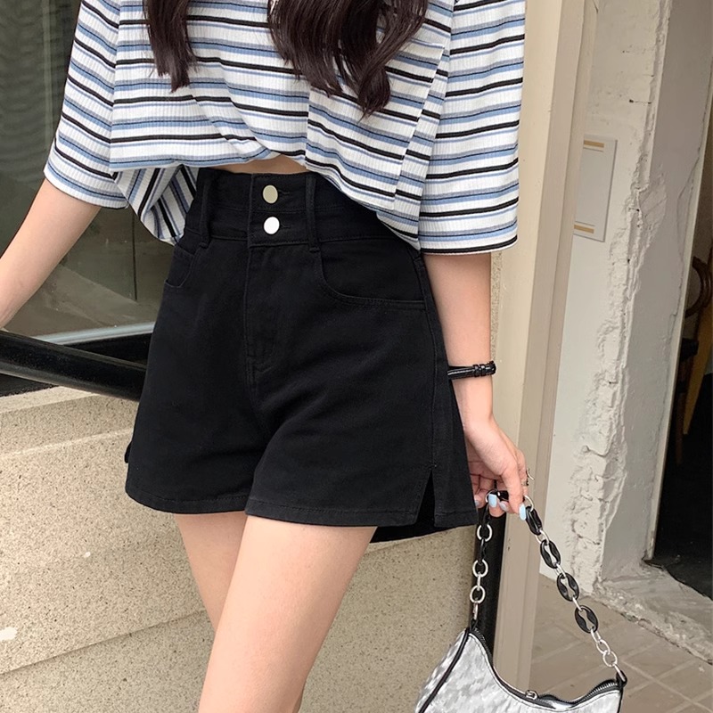 Black denim shorts for women in summer design niche high waist large size slim pear shape loose wide-leg shorts