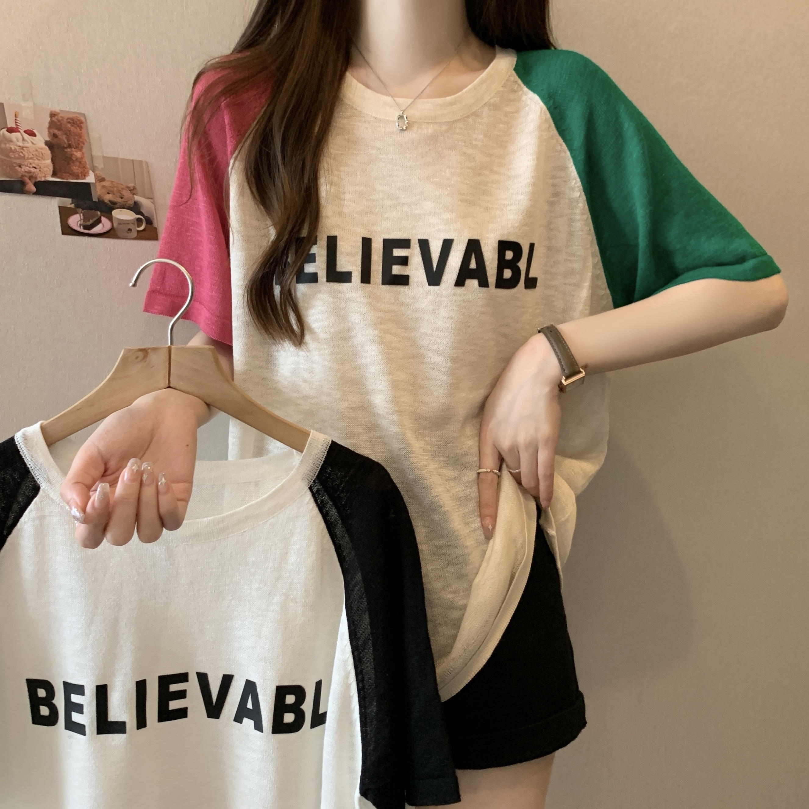 Real photos~ Don't worry about non-infringement. Large size women's loose casual thin ice silk contrast letter short-sleeved T-shirt for women