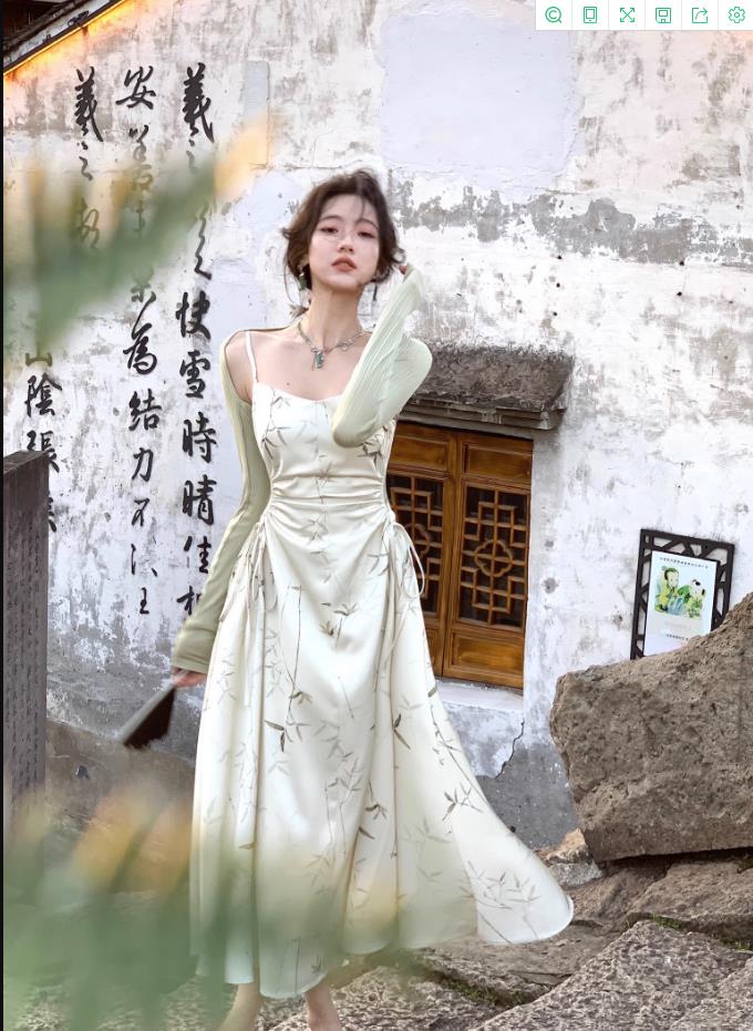 New Chinese style ink and wash bamboo leaf printed suspender dress summer super fairy style temperament waist-hugging and slimming retro long skirt