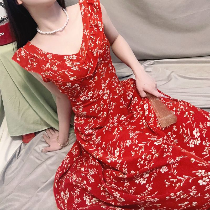 Sling dress design sense goddess style retro floral hip long skirt temperament super fairy red sleeveless ruffle edge