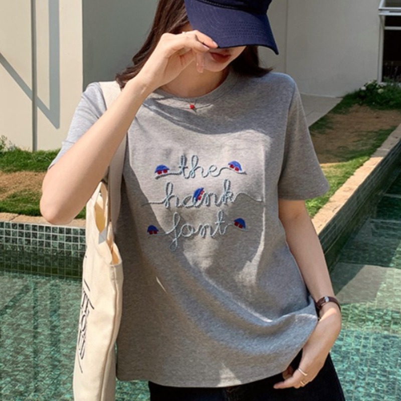 Real-life cotton pull-up short-sleeved T-shirt for women's summer 2025 new embroidered short slim round neck top Korean women's clothing