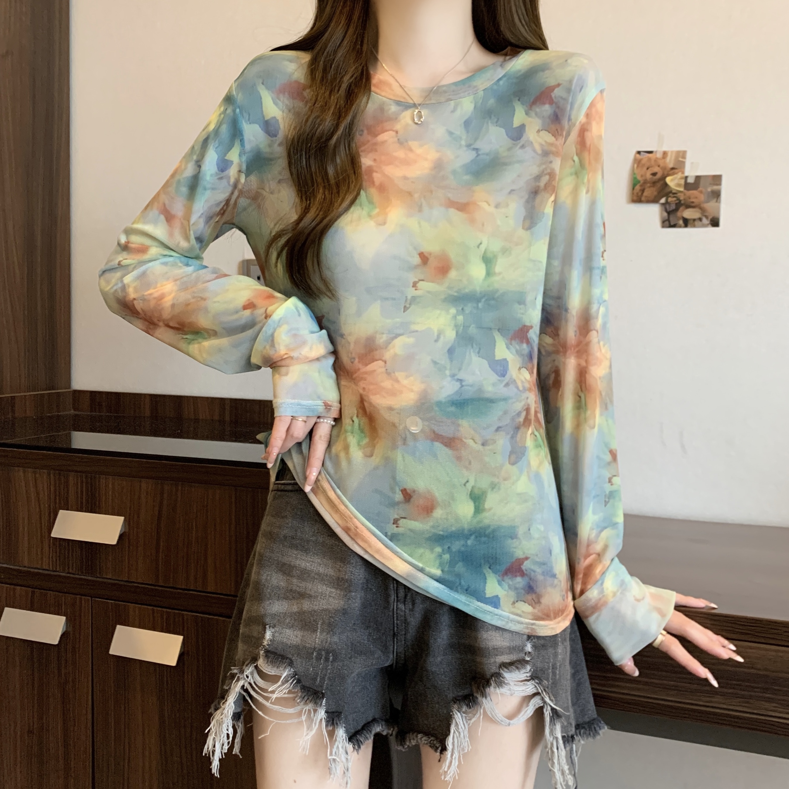 Real shot~ Large size women's loose tie-dye micro-transparent mesh long-sleeved T-shirt fashionable sunscreen shirt thin top for women