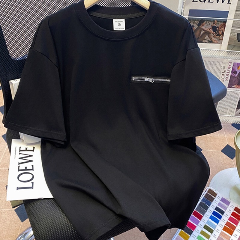 Real shot 220g pure cotton short-sleeved T-shirt for men and women summer 2025 new trendy zipper shoulder slim short round neck top