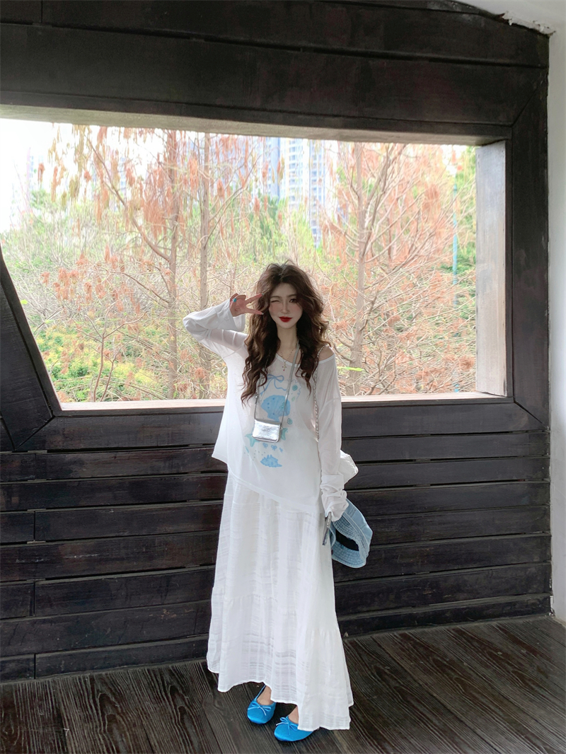 Real shot #design-sensory printed loose slightly transparent sunscreen blouse long-sleeved top T-shirt female temperament long skirt
