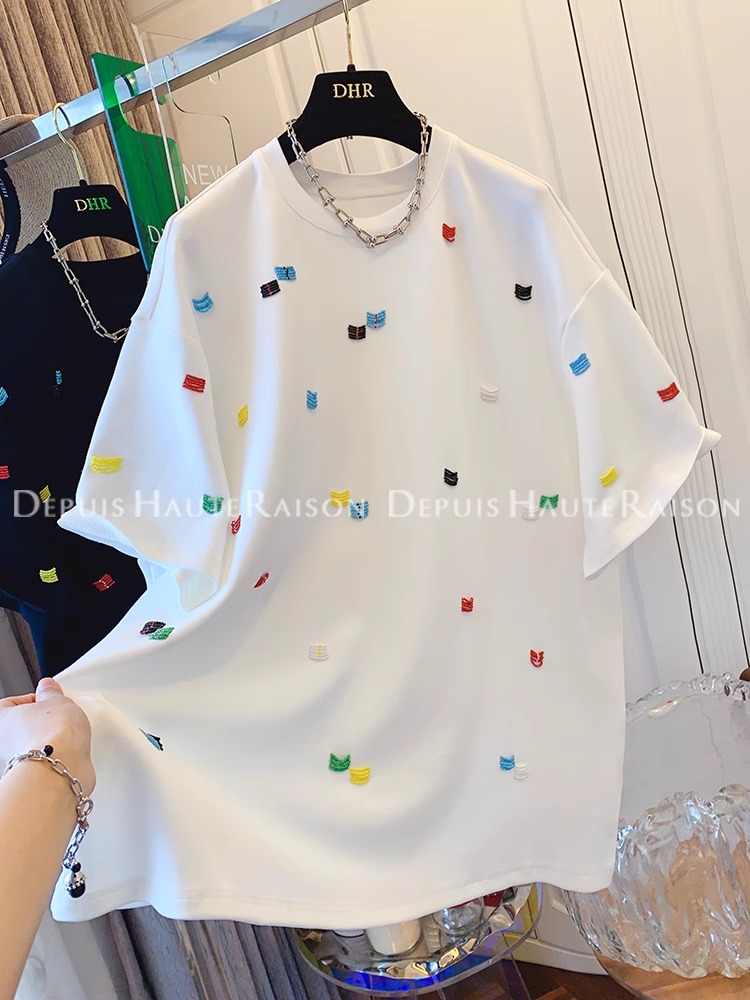 2025 summer embroidery + 21 super cool cotton 210 grams extra large size 240 jin unique Korean version short-sleeved T-shirt for women