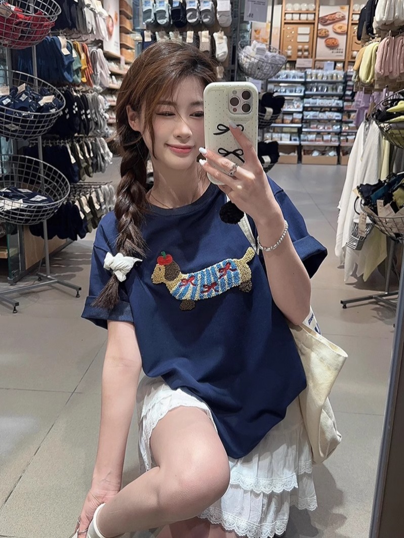 2025 summer 21 200g high precision American cartoon embroidered short-sleeved T-shirt for women