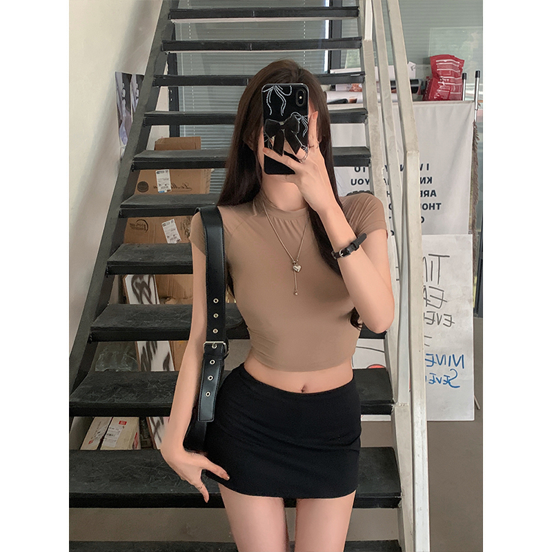 Real shot-Summer new hot girls round neck comfortable basic versatile slim short-sleeved round neck American T-shirt for women