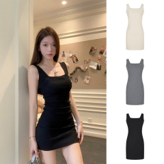Real shot - new vest dress for women purely slim and slim square collar suspender skirt waistband hip skirt