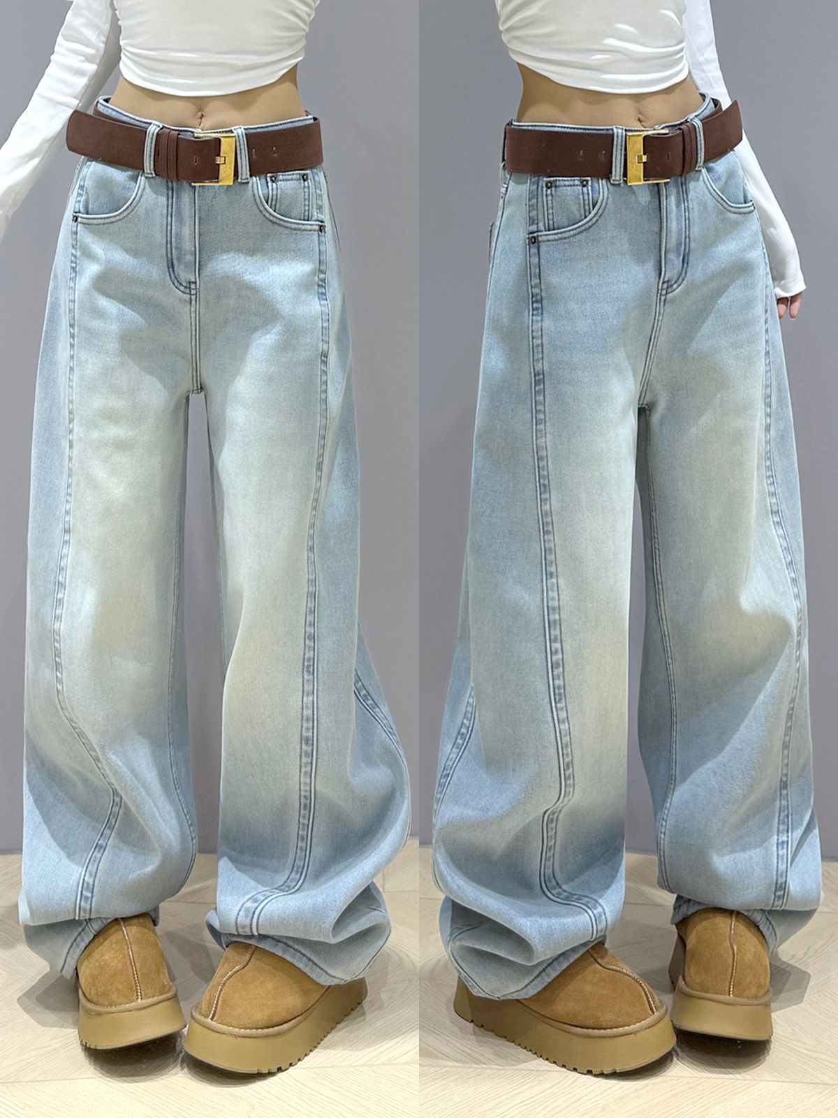 Light-colored scimitar jeans for women in spring and autumn new style washing and slimming wide-leg pants straight loose floor pants