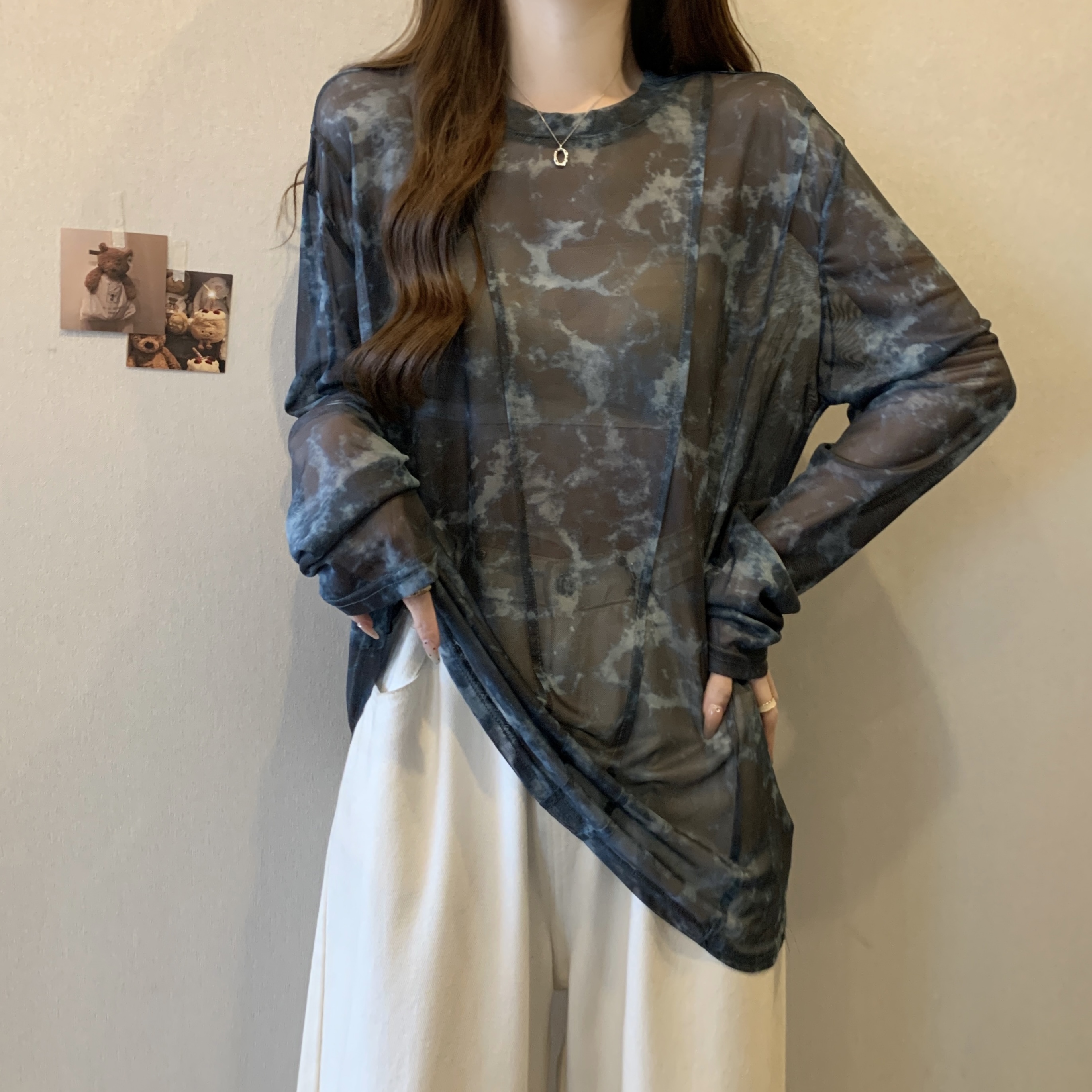 Real shot~ Large size women's loose tie-dye micro-transparent mesh long-sleeved T-shirt fashionable sunscreen shirt thin top for women