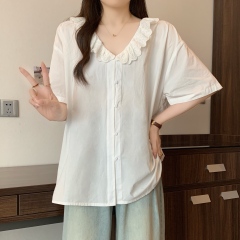 Real shot of large size fat MM forest sweetheart lace V-neck single-breasted short-sleeved shirt top