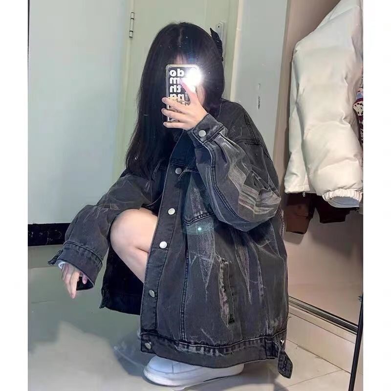 American retro tie-dyed denim jacket for women in spring and autumn loose lazy bf style high-end touching work jacket top trendy