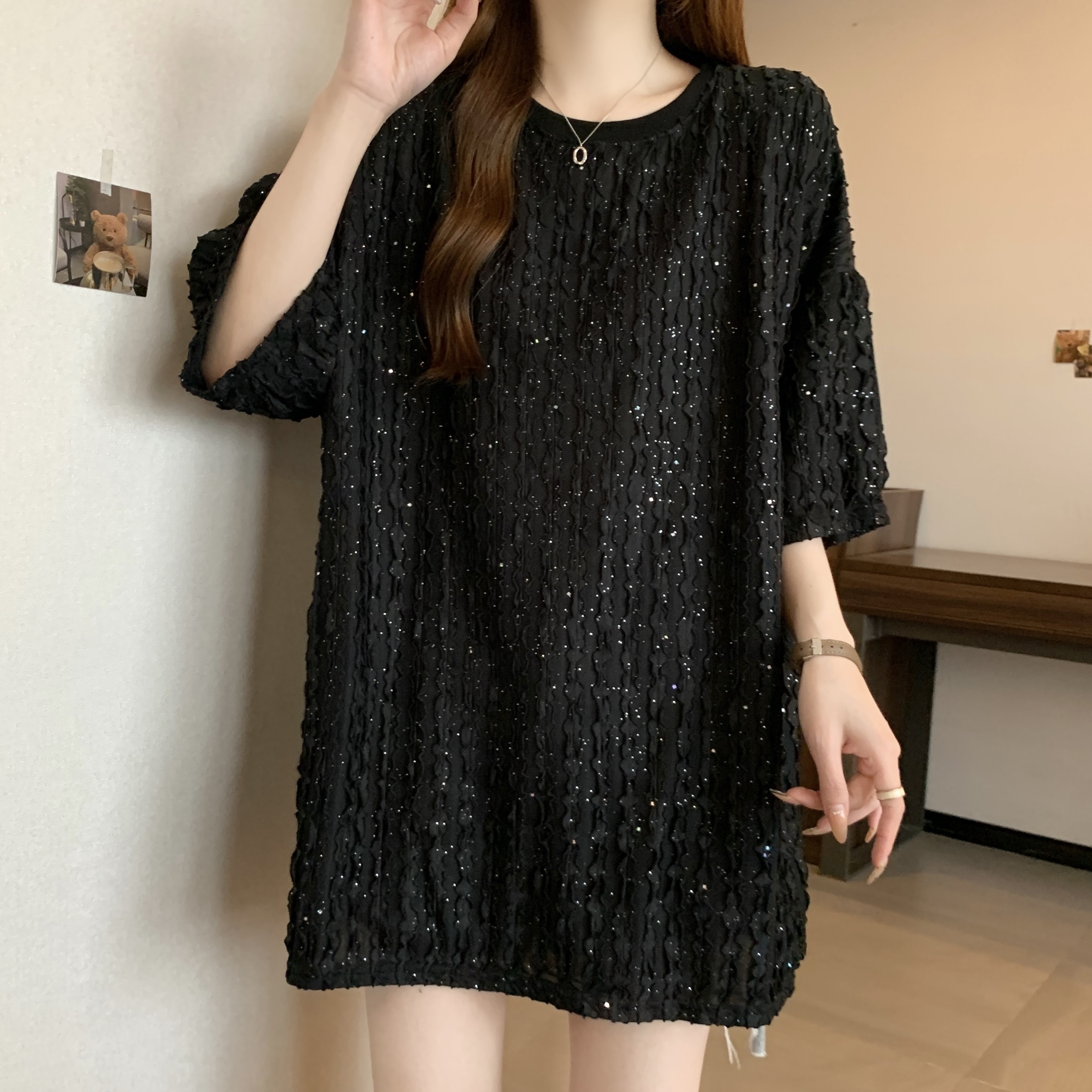 Real shot~ Large size fat MM simple and versatile round neck to make it look slim and loose, flesh-covering textured fabric breathable and comfortable T-shirt
