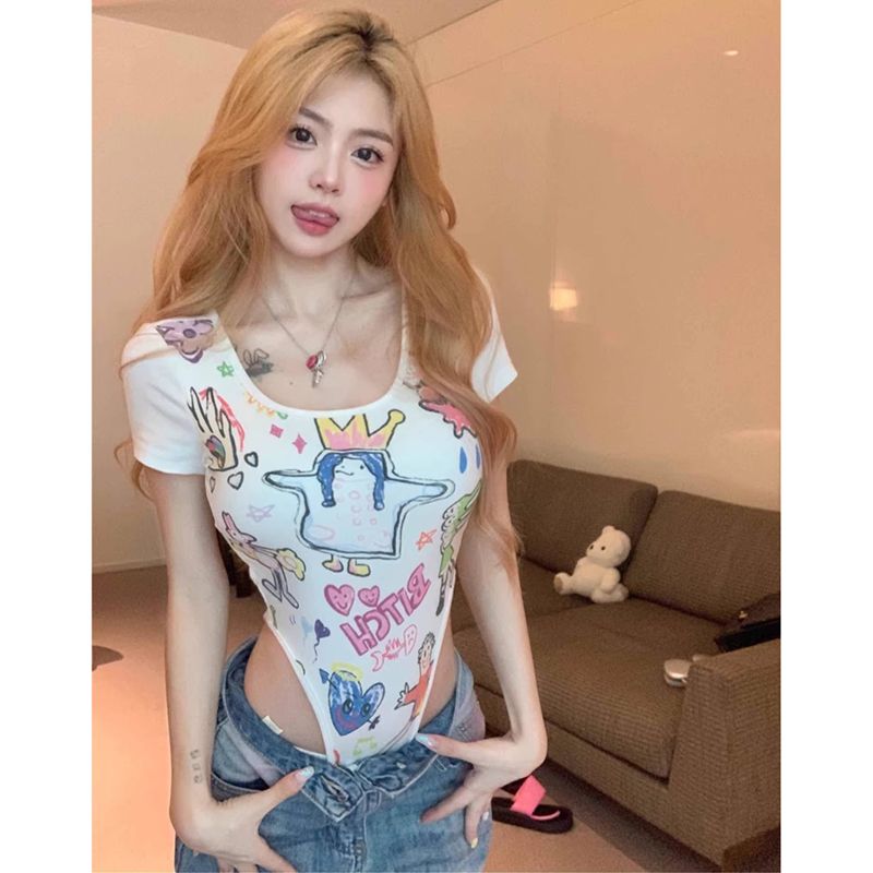 Pure sexy hot girl cartoon doodle off-shoulder short-sleeved T-shirt women's design sexy onesie