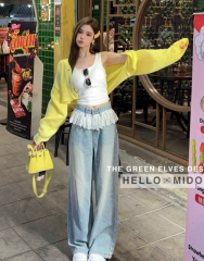 Lace splicing fake two-piece jeans for women 2025 spring new light-colored wash wide-leg pants loose floor pants