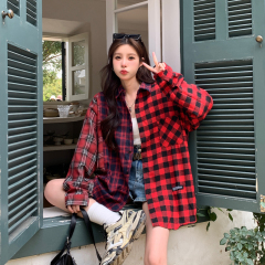 National trend spring and summer versatile loose red plaid splicing shirt men and women couple plaid street texture top coat
